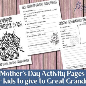 Moederdag overgrootmoeder activiteitenpagina's afdrukbaar | Moederdag kinderactiviteit | Activiteitenpagina's voor kinderen voor overgrootmoeder Digitale download