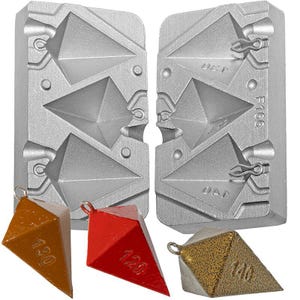 May include: A set of two silver-colored metal molds for making pyramid-shaped weights, with three painted weights in gold, red, and bronze. Each weight has a number indicating its weight in grams.