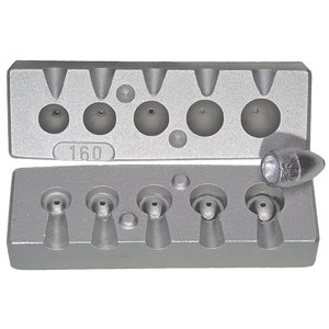 May include: A silver metal mold for making fishing sinkers. The mold has two sections, each with five cavities. The top section has the number "160" printed on it. A finished sinker is shown next to the mold.
