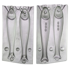 May include: A two-piece metal mold for casting fishing lures. The mold has two cavities, each shaped like a fish. The mold is labeled "F14" and has two sizes of lures, 300 and 500.