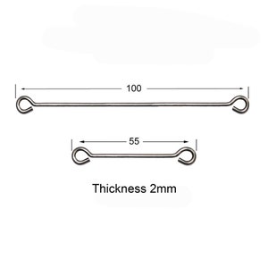 Puede incluir: Dos bucles de alambre metálico con una sección recta entre ellos. El bucle más largo mide 100 mm y el bucle más corto mide 55 mm. El alambre tiene un grosor de 2 mm.