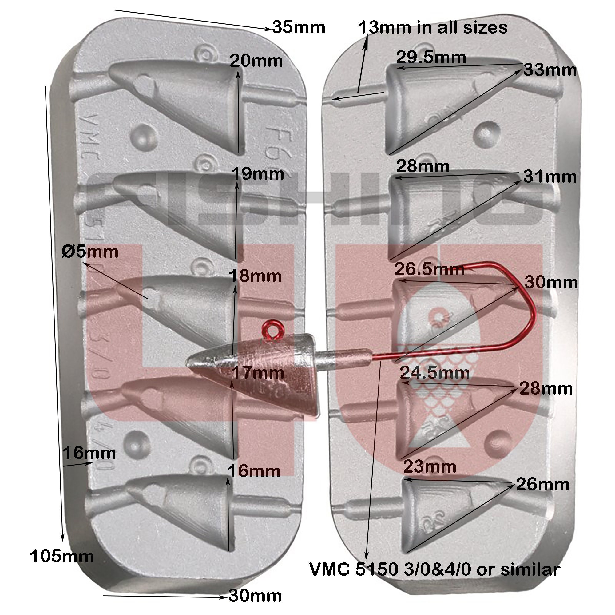 Shallow Rig Eel Head Jig Mould 30,40,50,60g VMC 5150 Hooks 5150 4