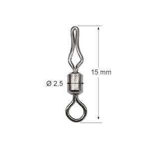 May include: A silver swivel fishing snap with a 2.5 mm diameter and a length of 15 mm. The snap has a loop on one end and a swivel on the other.