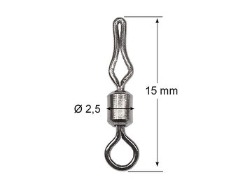 May include: A silver swivel fishing snap with a 2.5 mm diameter and a length of 15 mm. The snap has a loop on one end and a swivel on the other.