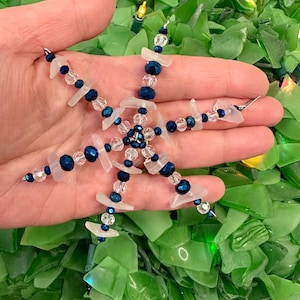 Seaglass Snowflake Ornamnet - white seaglass with blue and clear faceted beads