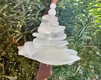 White sea glass Christmas tree ornament