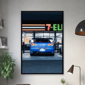 Nissan Skyline Blue R34 GTR JDM Satin Poster - High Resolution - JDM Automotive Photography Print Poster - 8k+ Ultra Resolution Wall Art
