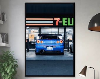 Nissan Skyline Blue R34 GTR JDM Satin Poster - High Resolution - JDM Automotive Photography Print Poster - 8k+ Ultra Resolution Wall Art