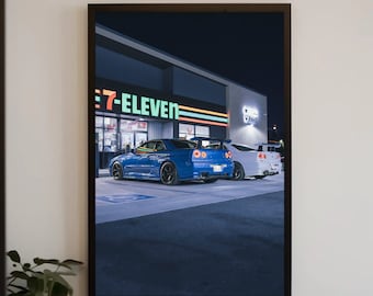Nissan Skyline Blue and White R34 GTR JDM Satin Poster - High Resolution - JDM Automotive Photography Print Poster