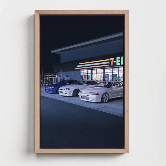 Nissan Gtr's at 7-eleven R34 R33 and R32 JDM Satin Poster - High