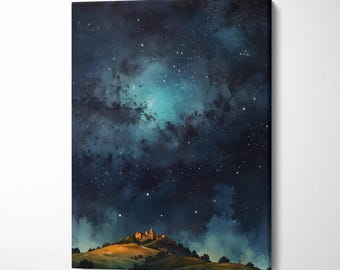 Watercolor Starry Night Sky Over Village Hill Deep Blue Twilight Serenity Canvas Wall Art