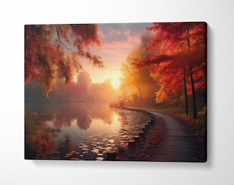 Autumn Sunset Landscape Canvas Wall Art With Fiery Sky And Golden Leaves Reflected On Lake In Warm Mood