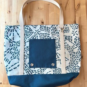 May include: A canvas tote bag with a white background and a pattern of teal fish. The bag has a teal bottom and a teal pocket on the front. It has cream-colored straps and a cream-colored handle.