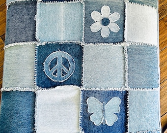 Handmade Dog Bed Cover Denim Patchwork Frayed Boho (34x28”)
