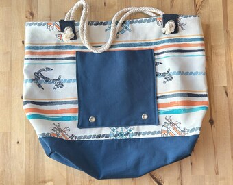 Large Nautical Beach Tote Bag – Orange & Blue Striped Canvas Rope Handles, Water-Resistant, Limited Edition