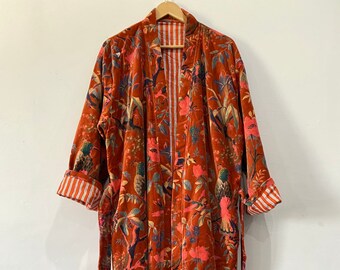 Kimono indien en velours fait à la main pour peignoir d'hiver, vêtements pour femmes, veste imprimée, couleur orange, veste longue réversible