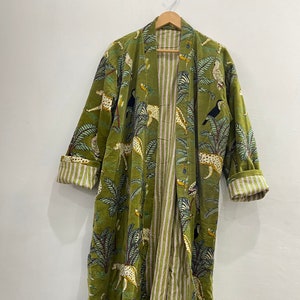 Cotton Velvet Long Jacket Dressing Gawon Kimono Bathrobe Handmade Green Tiger Print