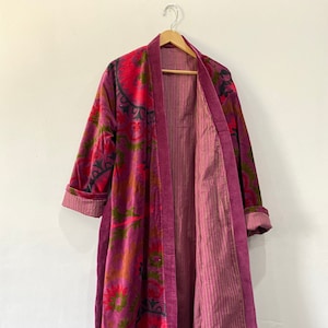 Indian HandMade Velvet Suzani Print Kimono For Winter BathRobe Gowon Printed Jacket Night Wear Sleepwear Inside Lining