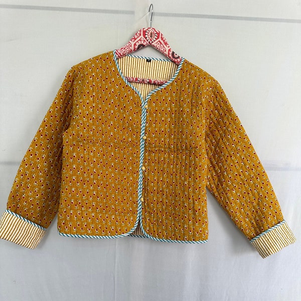 Cotton Reversible Quilted Short Jacket Crop Top Handmade Kimono Office Wear Inside Lining Kantha Fabric Jacket