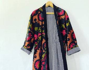 Black Suzani Print Dressing Gawon Long Jacket Inside Lining Kimono Robe