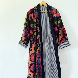 Black Suzani Print Dressing Gawon Long Jacket Inside Lining Kimono Robe