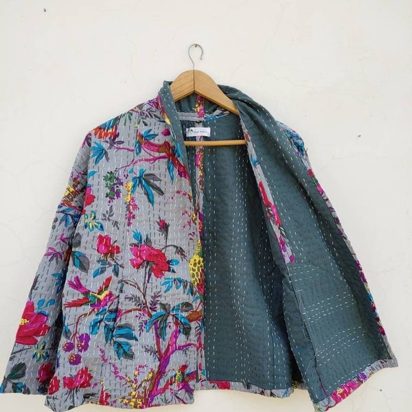 Kimono, jacket & coats women wear gift for her kantha short kimono indigo color, Boho, Gray Bird