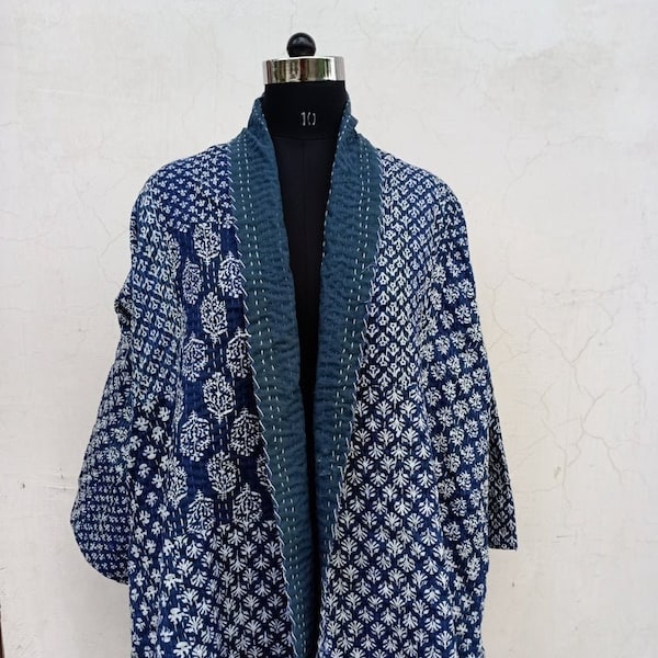 Cotton Indigo Patchwork Mid Length Kimono Kantha Quilted Jacket Reversible