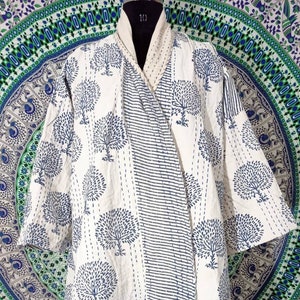 Cotton Handblock Fabric Kantha Quilted Mid Length Jacket Kimono Pam Tree Short Robe