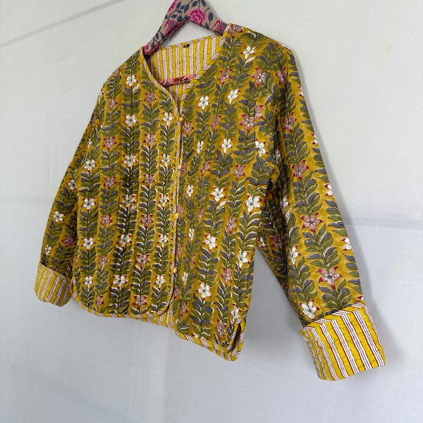 Gesteppte kurze Jacke aus Baumwolle mit Handblock-Print wie Crop-Top für Damen und Mädchen