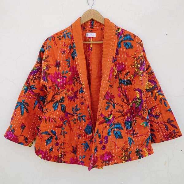 Cotton Bird Kantha Short Jacket No Closer Handmade Christmas Gift Women Wear Quilted, Vintage