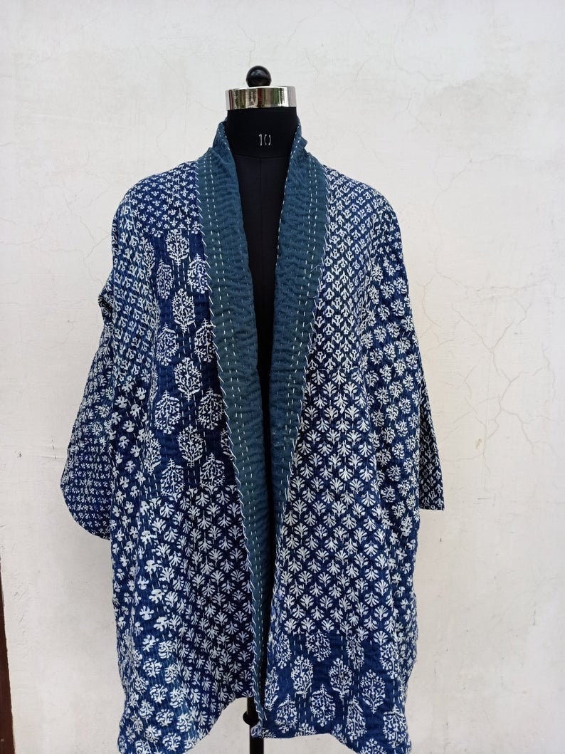 Indigo patchwork kantha kimono , Women wear , jacket, gift for her, quilted kimono, Soft and comfortable jacket , front open Luxury Coat 