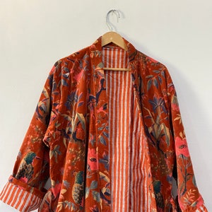 Kimono indien en velours fait à la main pour peignoir d'hiver, vêtements pour femmes, veste imprimée, couleur orange, veste longue réversible image 8