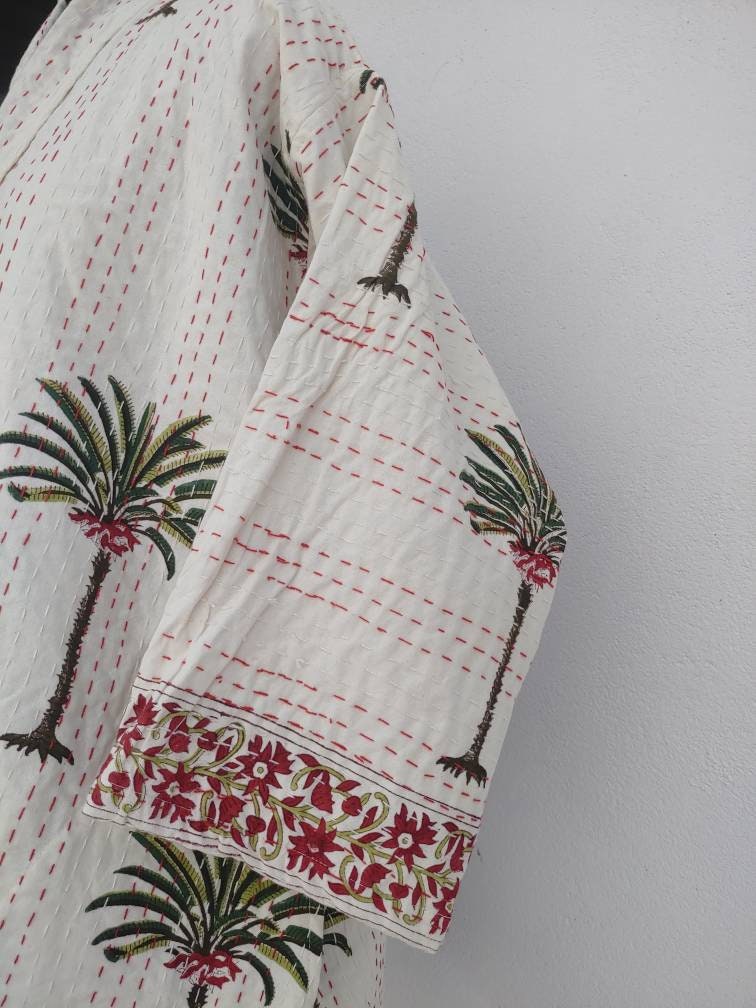 Indian Handmade Pam Tree Kantha Quilt Kimono Jacket Front Open | Etsy