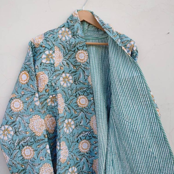 Indian HandBlock Print Fabric Quilted Jacket Short kimono Women Wear New Style Flower Made In India