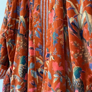 Kimono indien en velours fait à la main pour peignoir d'hiver, vêtements pour femmes, veste imprimée, couleur orange, veste longue réversible image 4