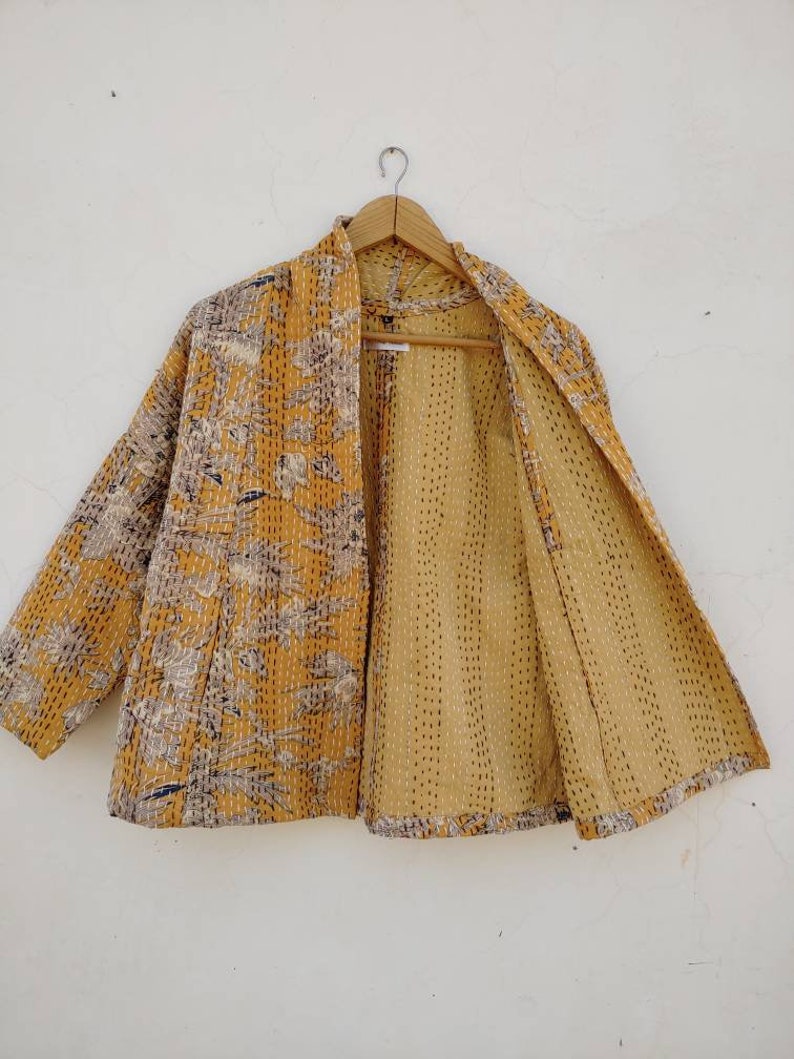 Indian Handmade Kantha Quilt Short Jacket Kimono Women Wear Boho Yellow Color Front Open Quilted Jacket 