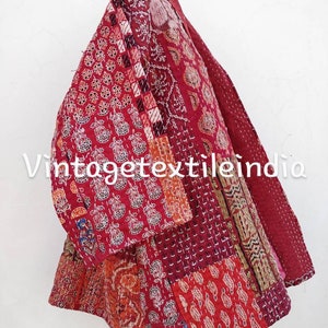 Indian Handmade Quilted patchwork Kantha Jacket & Kimono , Free Shipping ,Red ccolor Azrakh Patchwork Kimono