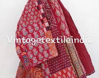 Indian Handmade Quilted patchwork Kantha Jacket & Kimono , Free Shipping ,Red ccolor Azrakh Patchwork Kimono