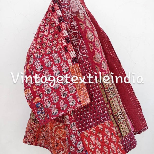 Indian Handmade Quilted patchwork Kantha Jacket & Kimono , Free Shipping ,Red ccolor Azrakh Patchwork Kimono
