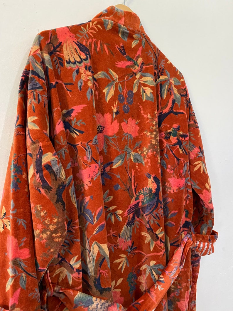 Kimono indien en velours fait à la main pour peignoir d'hiver, vêtements pour femmes, veste imprimée, couleur orange, veste longue réversible image 7