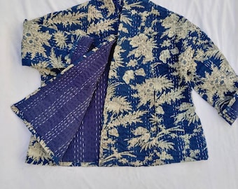 Indian Handmade Kantha Quilt Short Jacket Kimono Women Wear Boho Blue Color Front Open Quilted Jacket