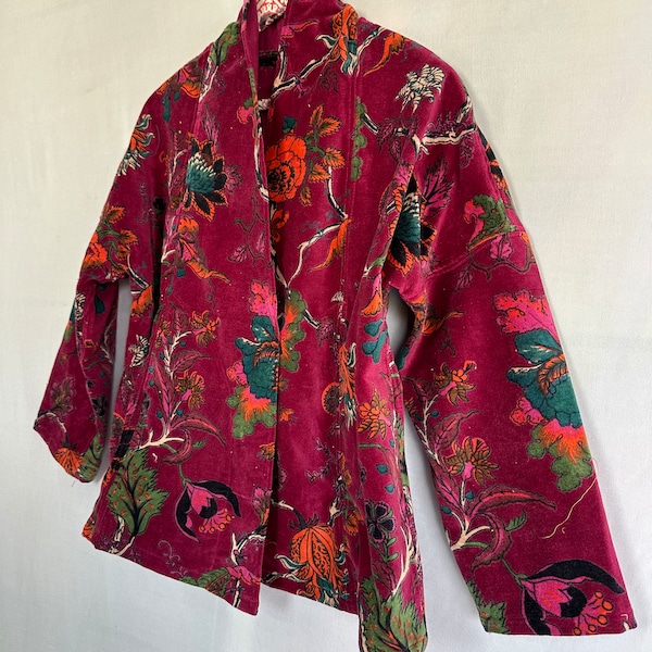 Indian Handmade Velvet Short Jacket Kimono Women Wear Boho Velvet front Open Jacket Luxury Kimono Pink Gulel