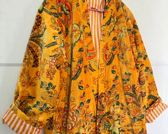 Kimono oiseau en velours fait main indien pour peignoir d'hiver veste imprimée Gowon vêtements de nuit vêtements de nuit à l'intérieur nouvel imprimé jaune