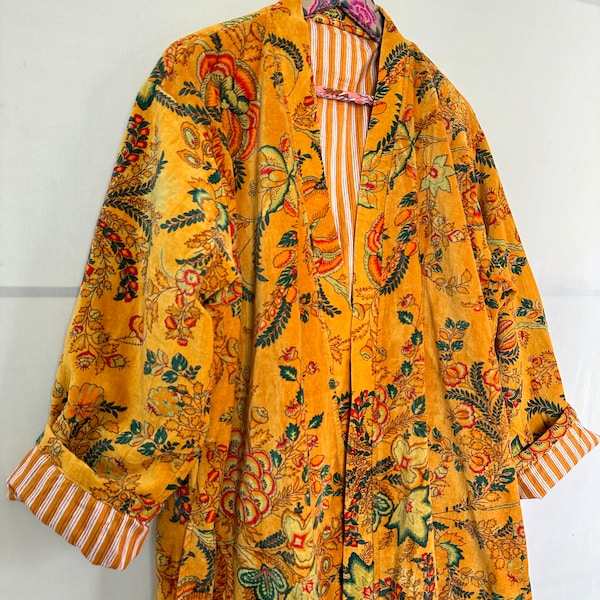 Indian Hand Made Velvet Bird Kimono For Winter Bath Robe Gowon Printed Jacket Night Wear Sleepwear Inside New Print Yellow