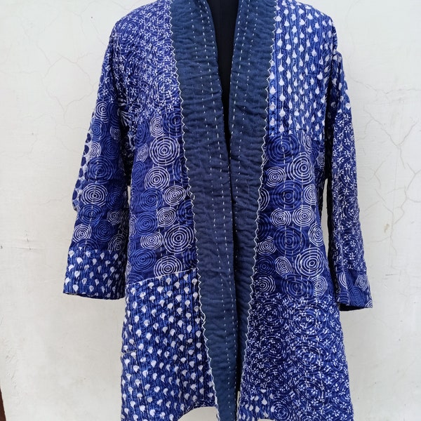 New Kantha Patchwork Gudri kimono, Boho , Front Open Jacket Indigo Patch Gift For Her, Women Wear, Kimono