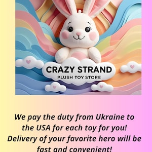May include: A plush white bunny toy with pink accents, large ears, and a smiling face. The bunny sits on a cloud with the text "CRAZY STRAND PLUSH TOY STORE" above it. The background features a rainbow design.