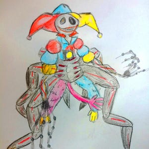 May include: A hand-drawn illustration of a jester character with a red and yellow hat, wearing a blue outfit with red shoulder pads. The figure is attached to a large, dark, multi-legged mechanical structure with red accents and thin, spindly limbs.