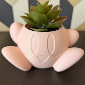 Puede incluir: Una maceta de cerámica rosa con forma de personaje de dibujos animados con una planta suculenta en su interior.