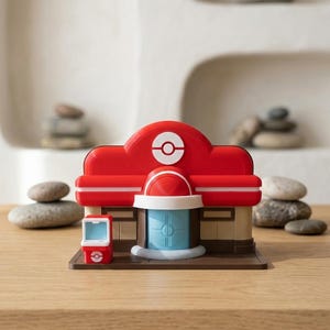 May include: A miniature plastic model of a Pokemon Center building featuring a bright red roof with a white circular logo, a light blue door, and tan walls. A small red and white kiosk stands to the left of the entrance on a brown base.