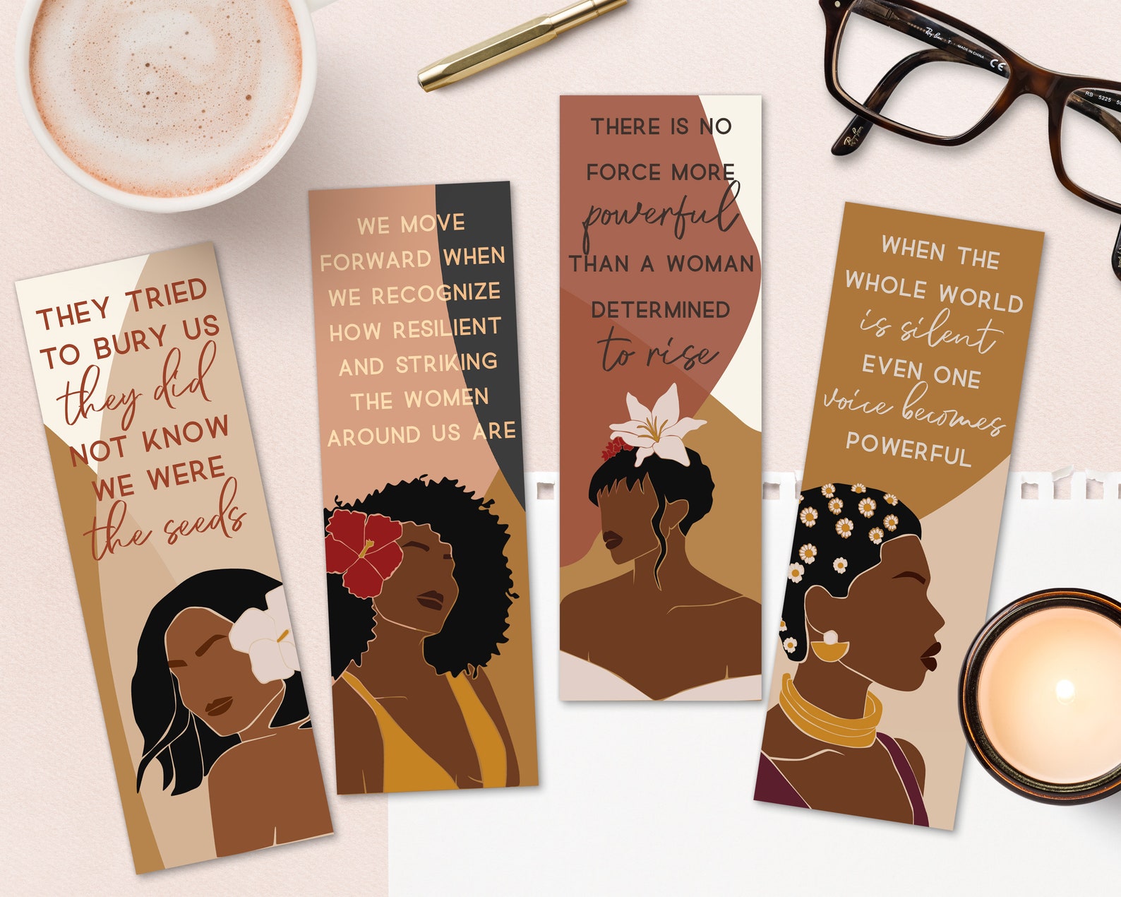 set of four bookmarks with drawings of Black women on each one